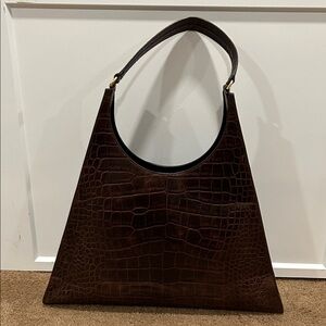 STAUD Dark Brown Croc-Embossed Shoulder Bag